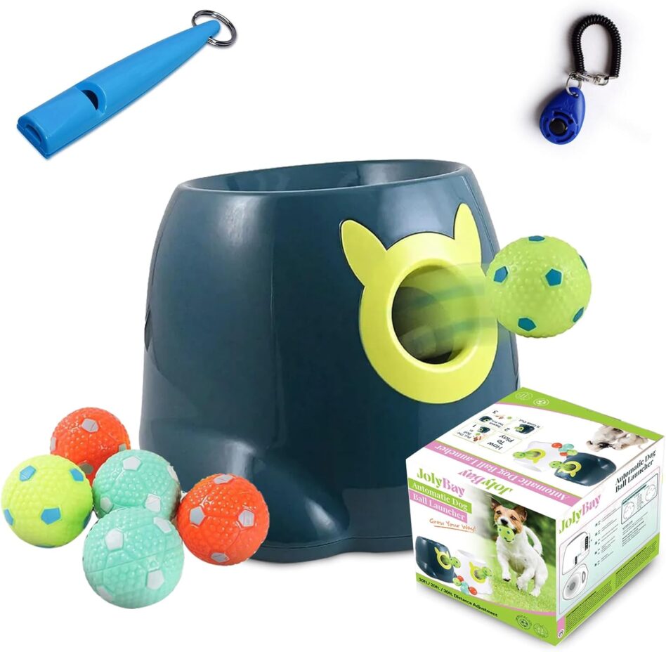 Automatic Dog Ball Launcher with Remote Control - Interactive Fetch Machine Thrower for Small and Medium Sized Dogs with 6 High-Bounce Washable Latex Balls, Training Clicker, and Whistle - Blue