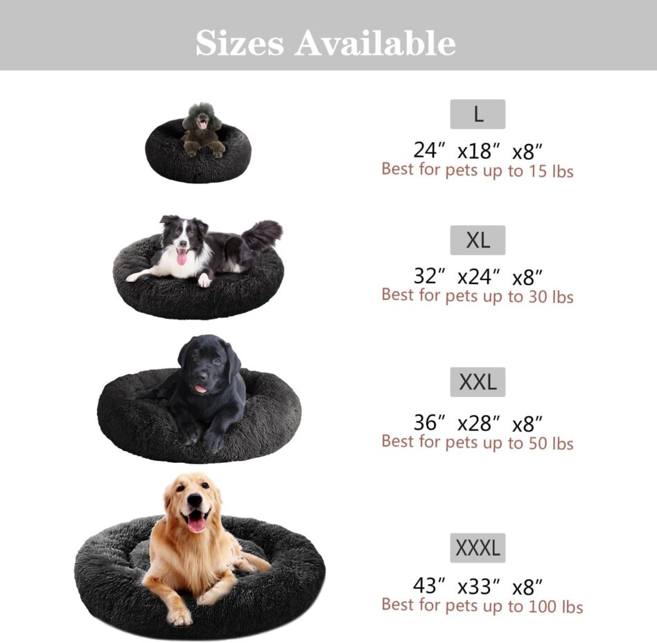 MFOX Calming Dog Bed (L/XL/XXL/XXXL) for Medium and Large Dogs Comfortable Pet Bed Faux Fur Donut Cuddler Up to 25/35/55/100lbs